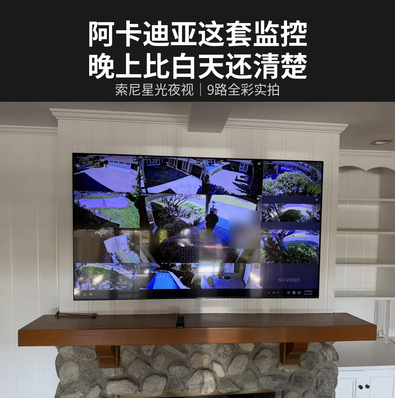客厅电视九宫格监控画面，画面中人脸已打码