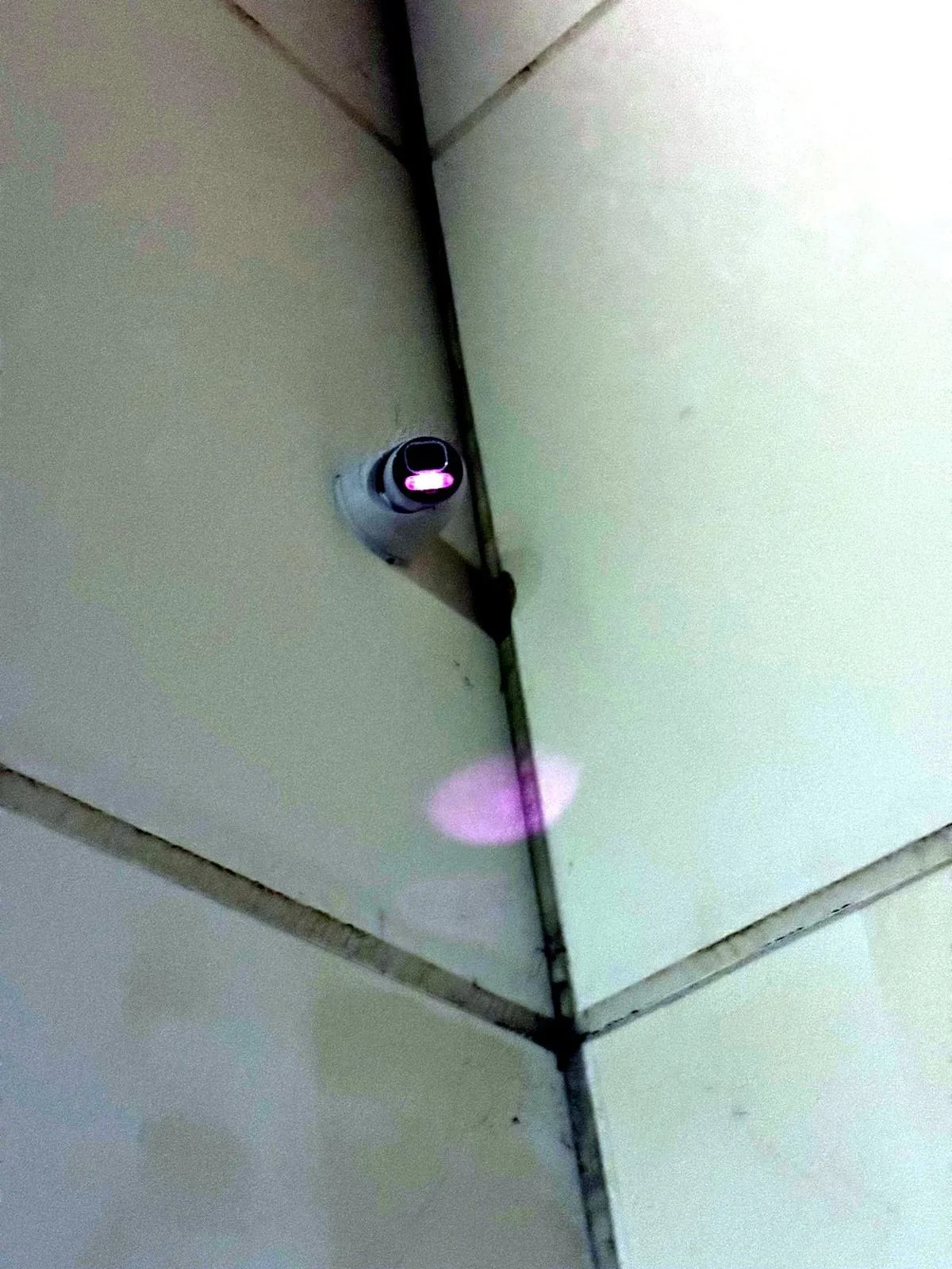 墙角白色半球摄像头的夜视画面