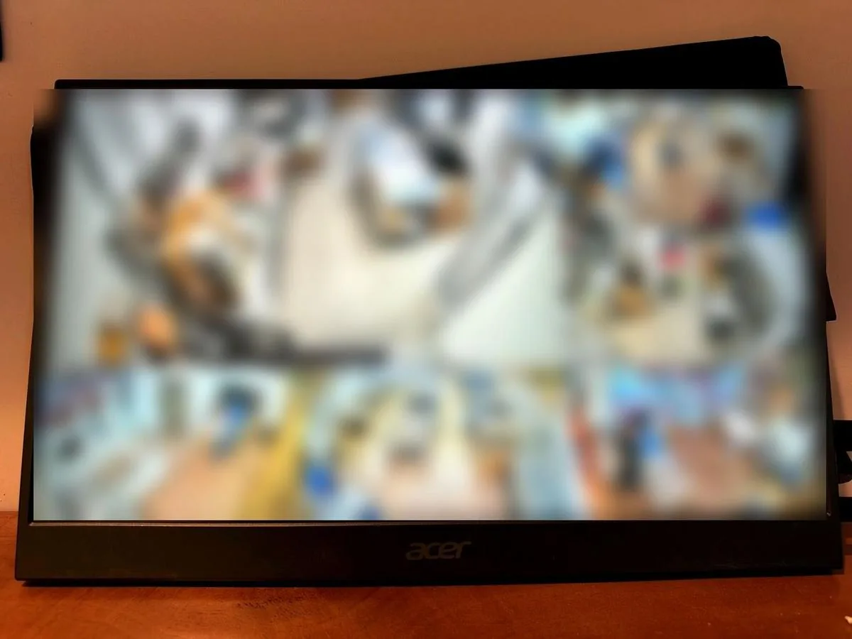 餐厅监控屏六画面，画面中人脸已打码